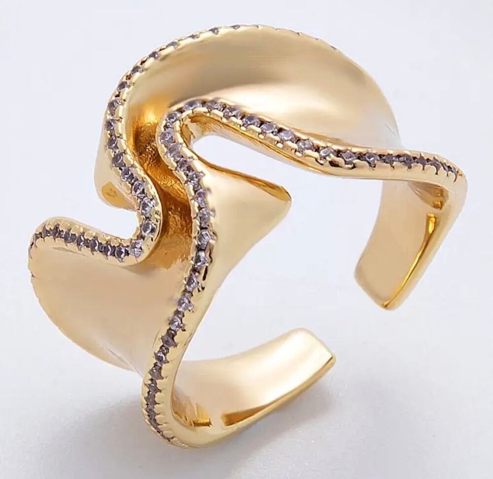 AIM 16K GOLD FILLED MICRO PAVED CZ FOIL WAVY ABSTRACT SZ 7 RING ADJUSTABLE
